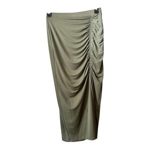 INC Olive Green Ruched High Slit Midi Skirt Women’s Size Medium Asymmetrical